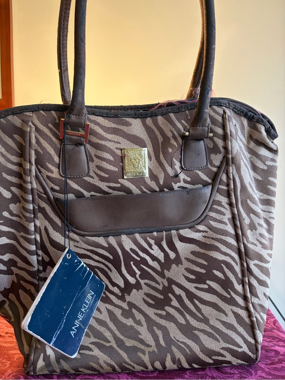 Anne Klein Brown Zebra-Print Canvas Tote with Leather Trim